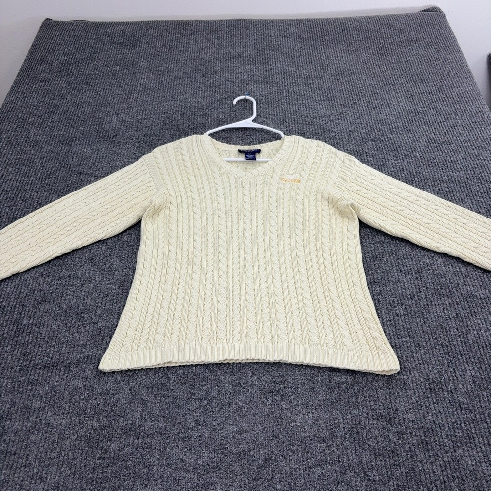 Farm Neck Splendor Sweater Womens S Cream Cotton Cable Knit V Neck Preppy Golf